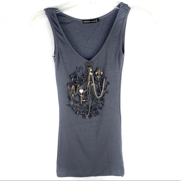 NEW-MARISA K Multi Chains/Charms/Printed Tank Top - Picture 1 of 8